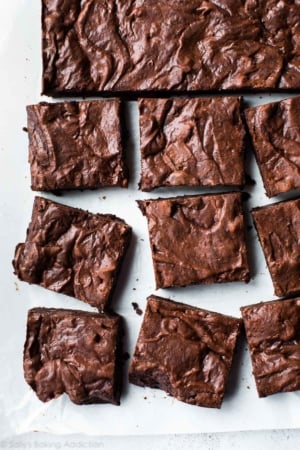 overhead image of fudgy brownies cut into squares